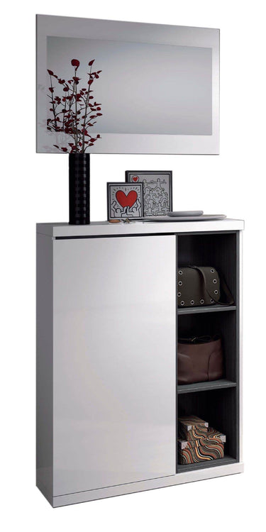 Fendi White Gloss Shoe Cabinet Hallway Unit with Integrated Mirror, Modern Storage - UK Luxury Furniture